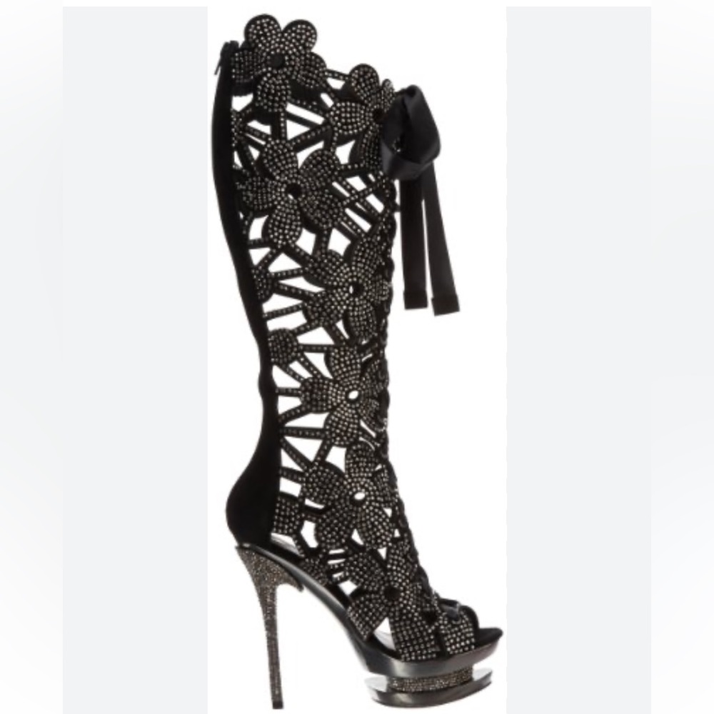 Lady Couture Fantastic black lace up rhinestone platform boots EUC size 9 (40)